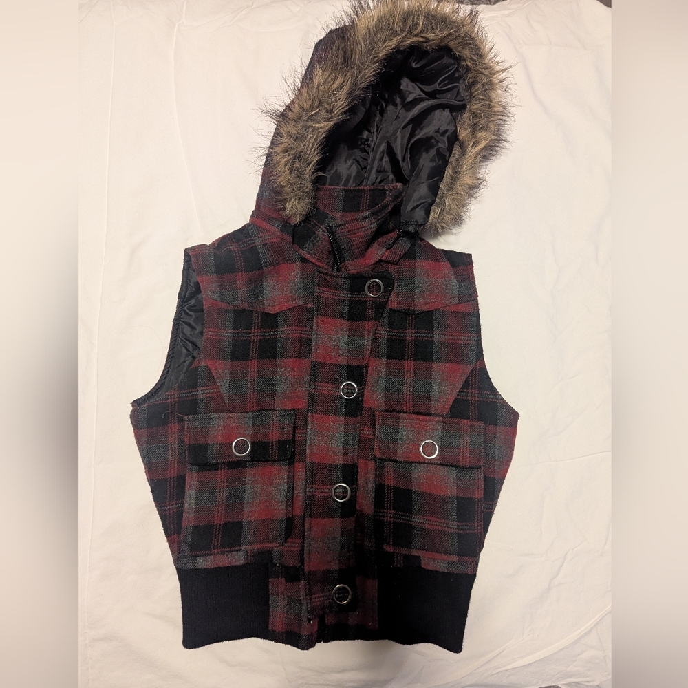 Plaid Hooded Vest with Faux Fur Trim